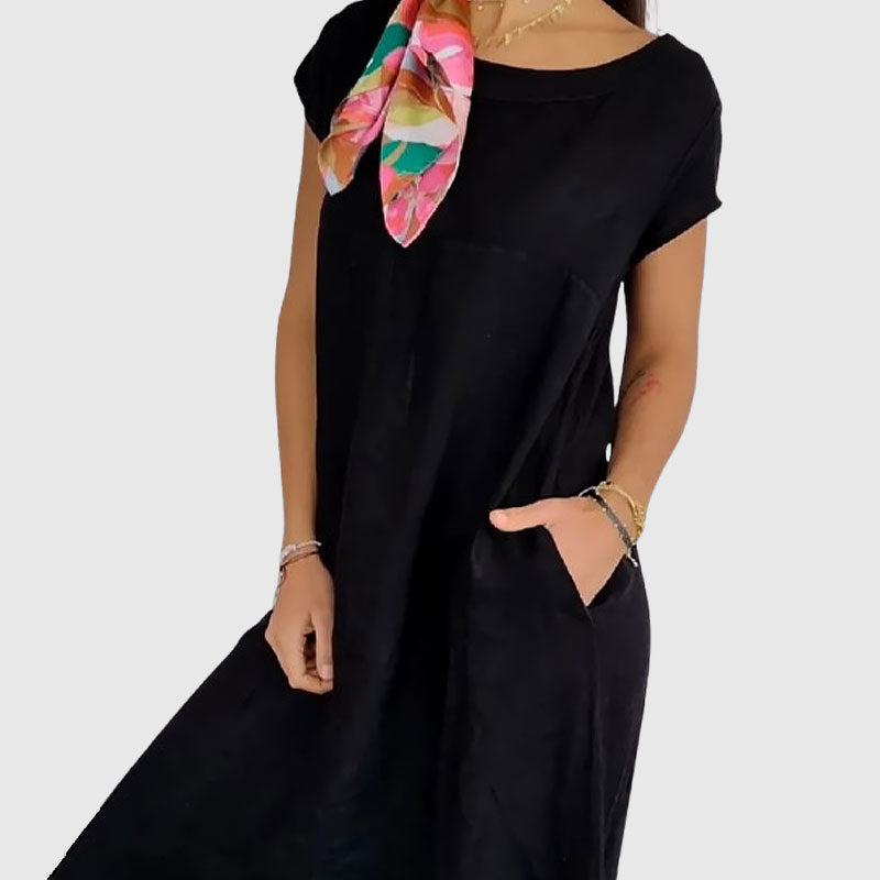 🌸Naisten pyöreä kaula-aukko lyhythihainen puuvilla pellava mekko