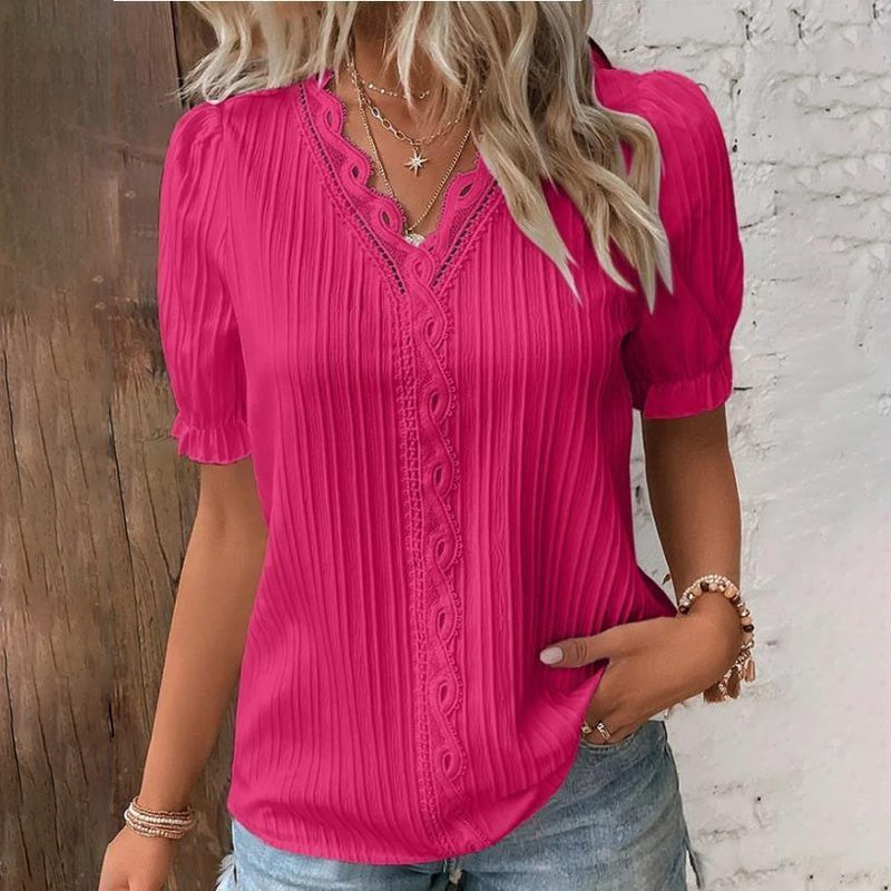 Rento naisten paita, jossa on ontto V-pääntie ja lyhyet hihat