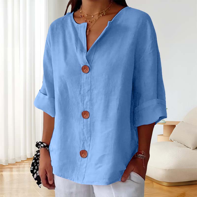 🎀Löysä Puuvilla- Ja Pellavapaita Nappikiinnityksellä