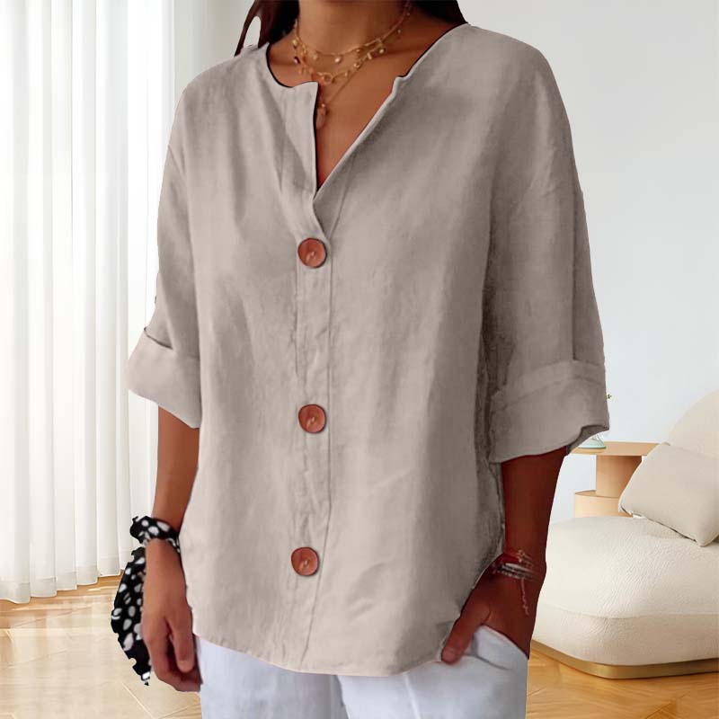 🎀Löysä Puuvilla- Ja Pellavapaita Nappikiinnityksellä