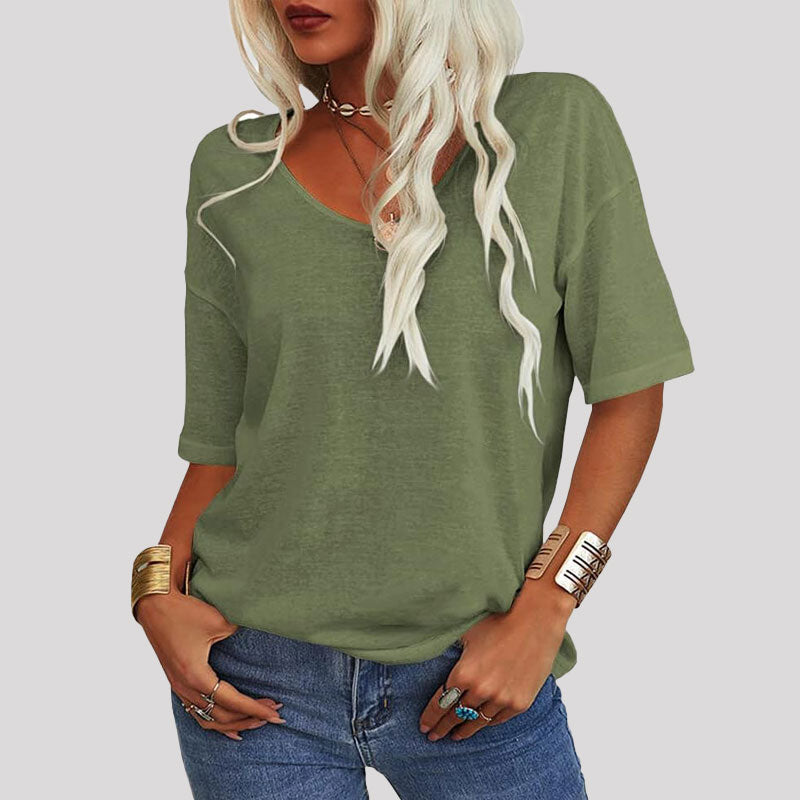 🌸Naisten Yksivärinen V-Pääntie T/Women's Solid Color V-Neck T