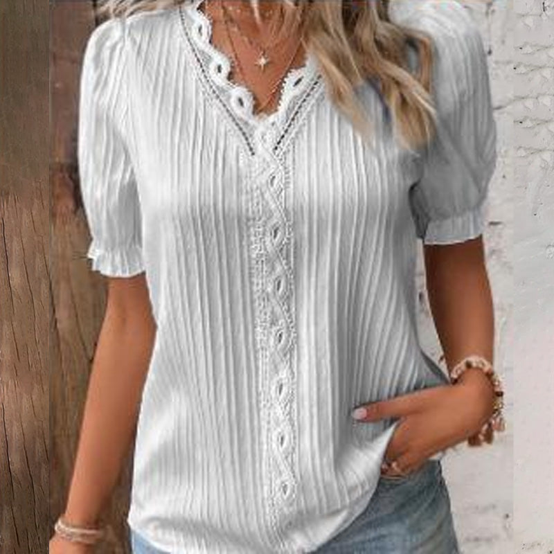 Rento naisten paita, jossa on ontto V-pääntie ja lyhyet hihat