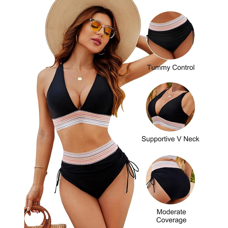 ☀️Rajoitetun ajan lomatarjous🏖️High Vyötäröiset vatsanhallintaväriset bikinisarjat Color Block Bikini Sets