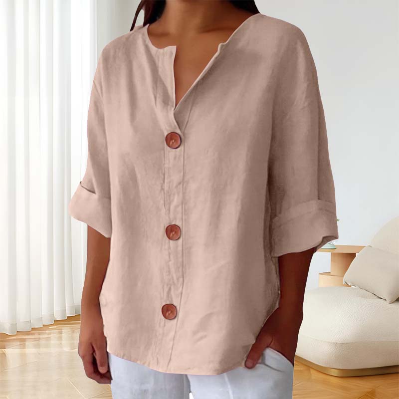 🎀Löysä Puuvilla- Ja Pellavapaita Nappikiinnityksellä