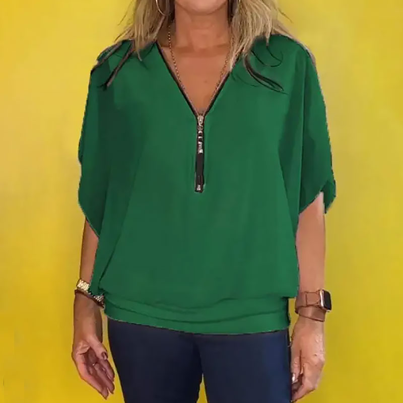 ☀️Naisten rento sifonkikauluksinen vetoketjullinen topp