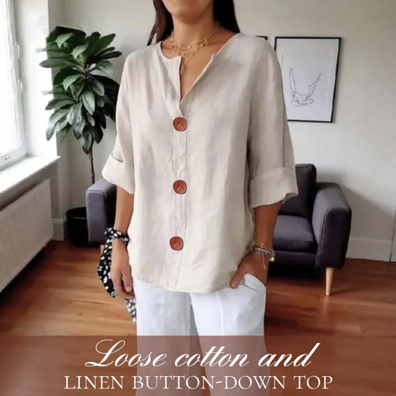 🎀Löysä Puuvilla- Ja Pellavapaita Nappikiinnityksellä