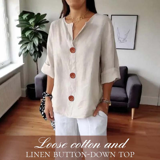 🎀Löysä Puuvilla- Ja Pellavapaita Nappikiinnityksellä