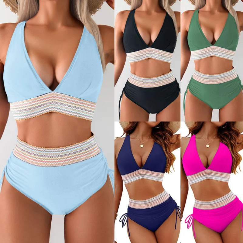 ☀️Rajoitetun ajan lomatarjous🏖️High Vyötäröiset vatsanhallintaväriset bikinisarjat Color Block Bikini Sets