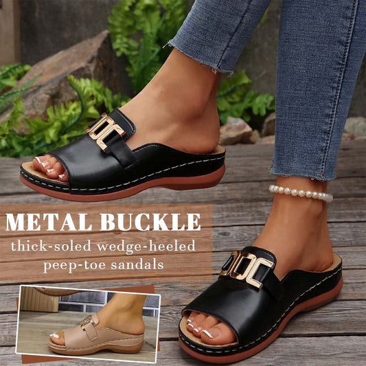 ☀️Metallisoljella Varustetut Paksupohjaiset Kiilakorkoiset Peep-Toe-Sandaalit