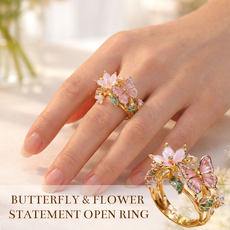 🦋Butterfly & Flower Statement Open Ring🌹