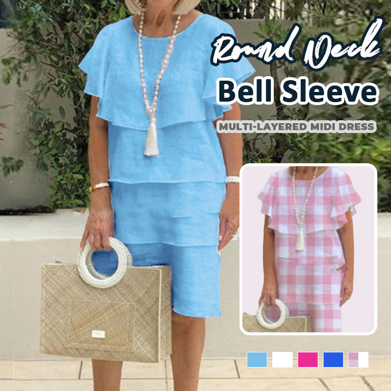 🌸Pyöreäkauluksinen, kellohihainen, monikerroksinen midimekko