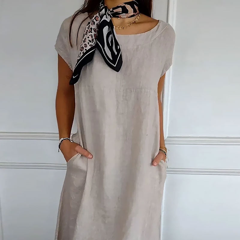 🌸Naisten pyöreä kaula-aukko lyhythihainen puuvilla pellava mekko