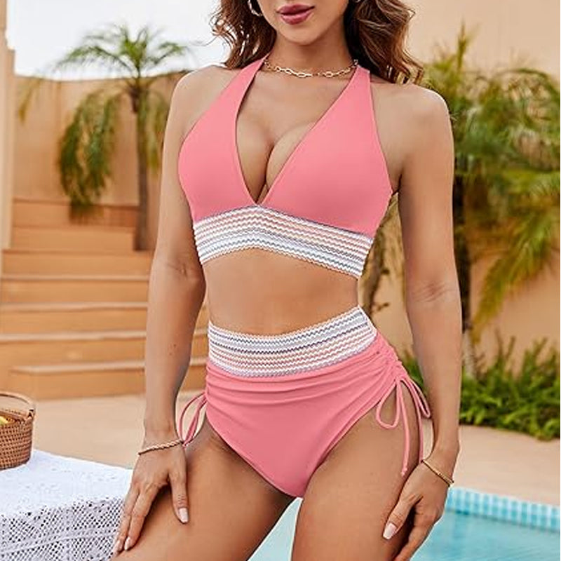 ☀️Rajoitetun ajan lomatarjous🏖️High Vyötäröiset vatsanhallintaväriset bikinisarjat Color Block Bikini Sets