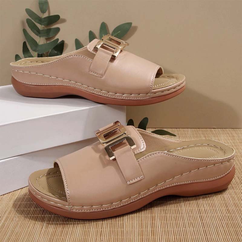 ☀️Metallisoljella Varustetut Paksupohjaiset Kiilakorkoiset Peep-Toe-Sandaalit