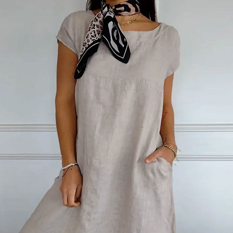 🌸Naisten pyöreä kaula-aukko lyhythihainen puuvilla pellava mekko
