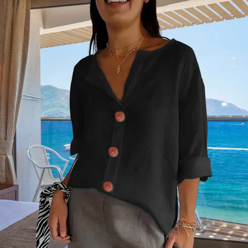 🎀Löysä Puuvilla- Ja Pellavapaita Nappikiinnityksellä