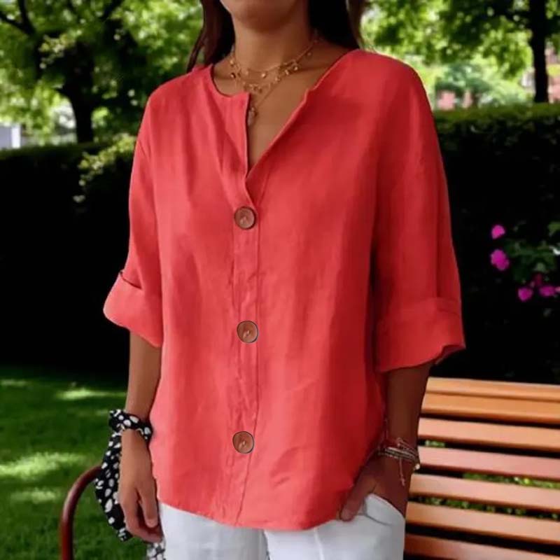 🎀Löysä Puuvilla- Ja Pellavapaita Nappikiinnityksellä