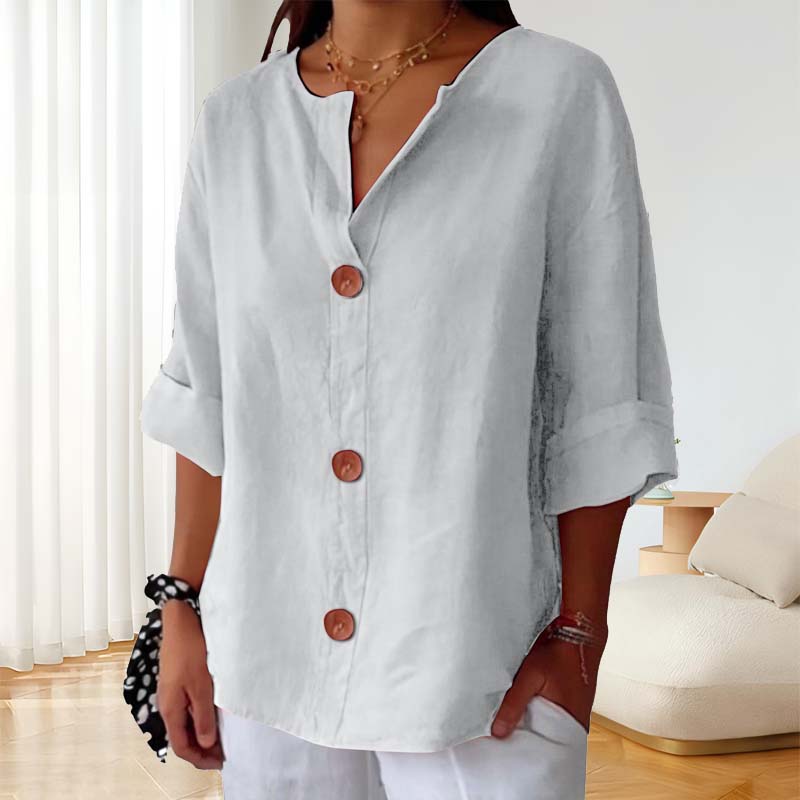 🎀Löysä Puuvilla- Ja Pellavapaita Nappikiinnityksellä