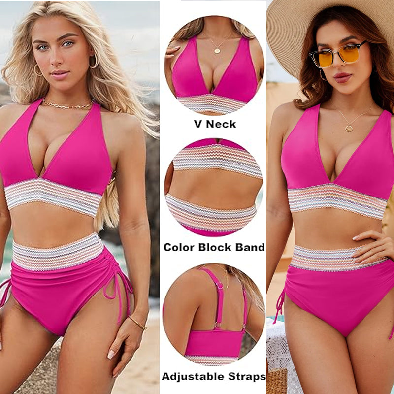 ☀️Rajoitetun ajan lomatarjous🏖️High Vyötäröiset vatsanhallintaväriset bikinisarjat Color Block Bikini Sets