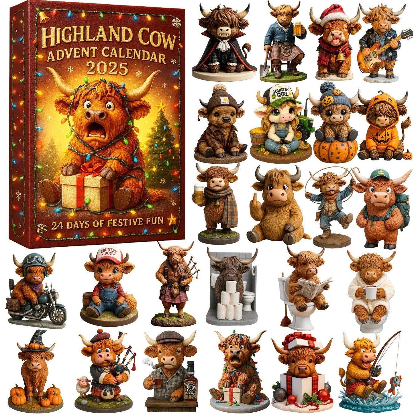 🐮Highland Cow Adventtikalenteri 2025🎄 - 3D käsinkudottu Highland Cow Nukke (24 kpl)