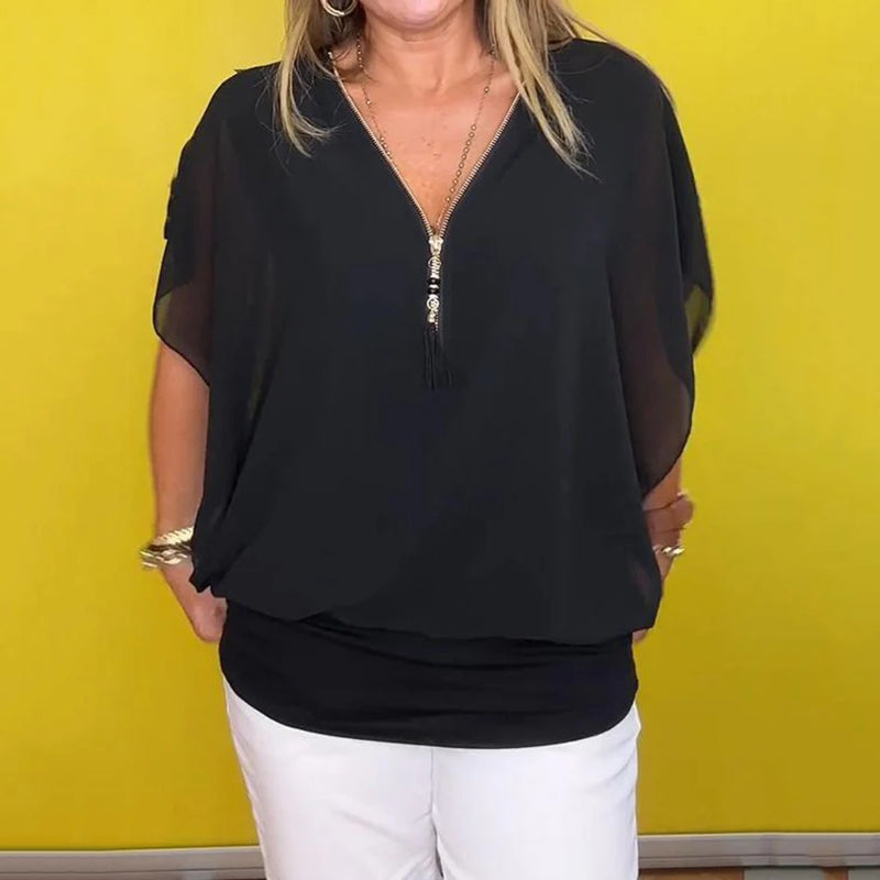 ☀️Naisten rento sifonkikauluksinen vetoketjullinen topp