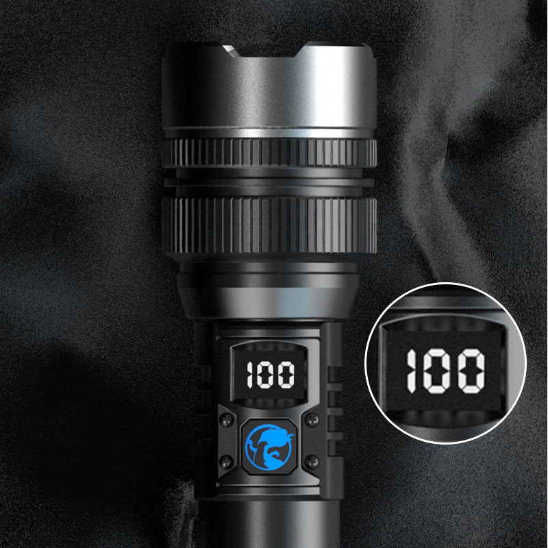 White Laser Flashlight with Zoom, Power Bank, and Digital Display